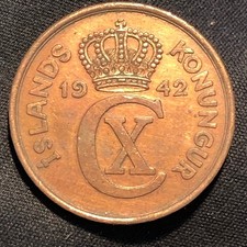 1942 Iceland 5 Aurar Bronze Coin - AU (About Uncirculated) condition