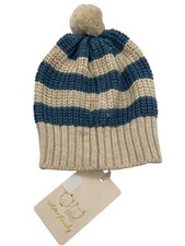 Striped Knit Beanie With Pompom Blue Cream Winter Accessory NWT 0-3 Months