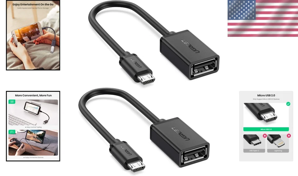 2 Pack Micro USB to USB OTG Adapter Cables for Samsung and More - Black - Image 2 of 4