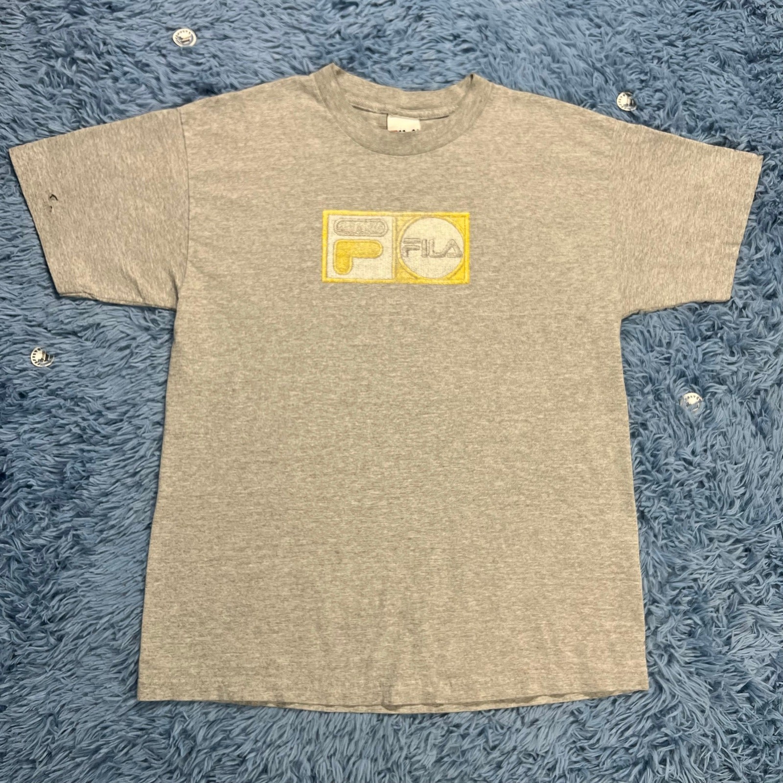 Camicia VINTAGE Fila Grafica Taglia Large Uomo Grigio Giallo Logo Classico Y2K