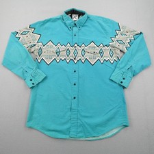 Vintage Roper Shirt Mens Large Turquoise Western Southwestern Aztec Button Up