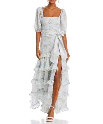 V. Chapman Elsie Blue Floral Ruffled Tiered Puff-Sleeve Maxi Dress Size 14  | eBay