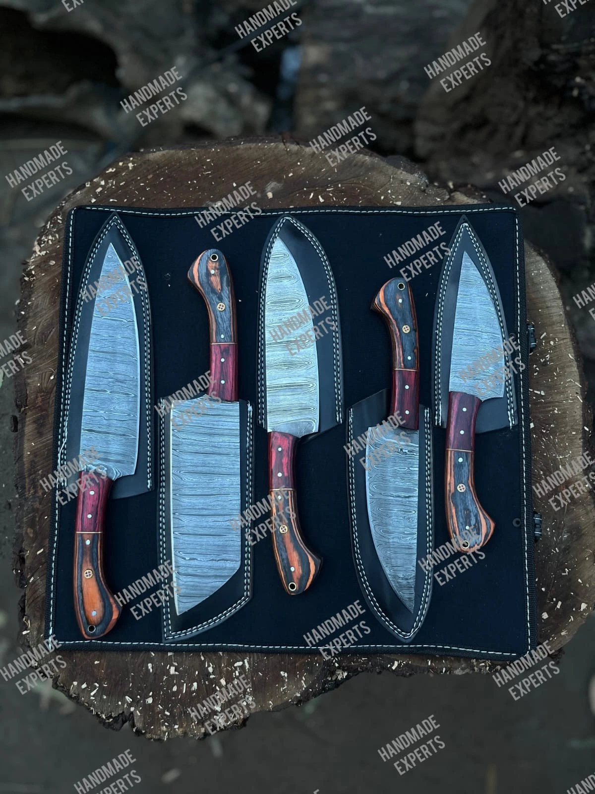 CUSTOM HANDMADE DAMASCUS STEEL CHEF KNIFE SET KITCHEN KNIFE SET WITH LEATHER BAG