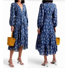 Ulla Johnson 2 Joan $479 Floral SILK Cotton Midi Dress Long Sleeve Navy Blue