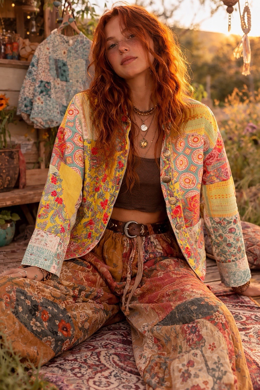Bohemian Patchwork Button Jacket Multicolor Long … - image 1