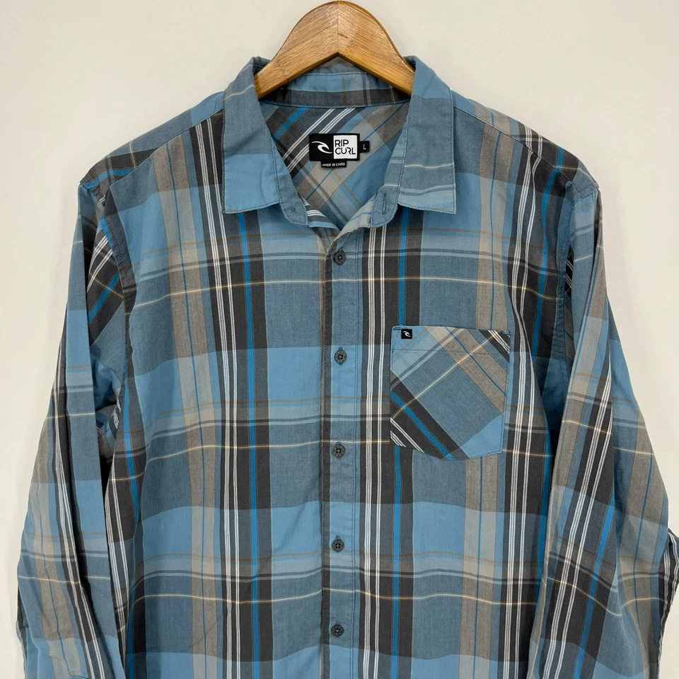 Rip Curl Long Sleeve Button Shirt Men's L Blue Plaid Print Pocket Cotton Surf - Image 2 of 4
