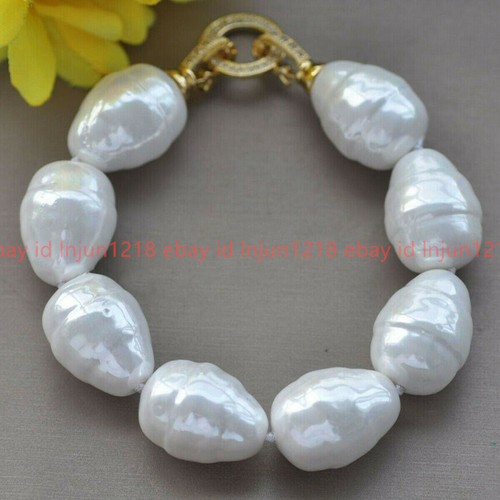 LARGE 20MM SOUTH SEA WHITE BAROQUE SHELL PEARL BEADS FASHION BRACELET 7.5'' - Picture 2 of 12
