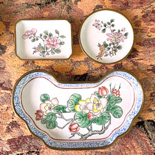 Enamel Trinket Tray Dish Floral Canton Cloisonne Chinese Chinoiserie