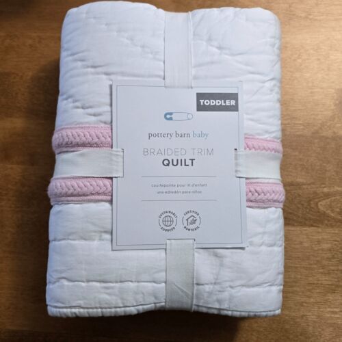 POTTERY BARN KIDS BRAIDED TRIM BABY TODDLER QUILT ~ WHITE / PINK