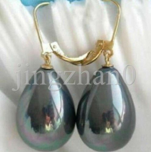 Excellent AAA+ 13x18mm South Sea Black Shell Pearl Earrings 14k Gold P Hook - 第 3/4 張圖片