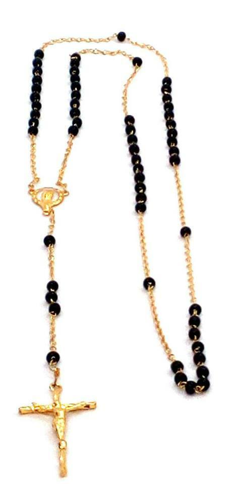 Black Glass Gold-tone Rosary Beads - Rosary Necklace - Made in Italy