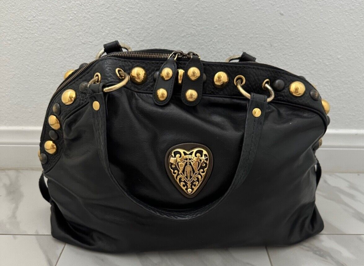 Vintage Gucci Black Calfskin Leather Babouska Heart Studded Large