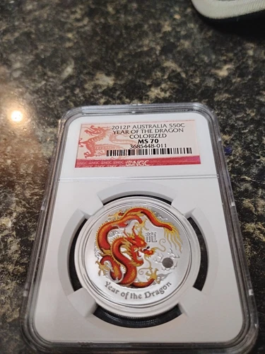 2012-P 50c Australia Year of the Dragon NGC MS70 Colorized (Red/Yellow) Pop 376 