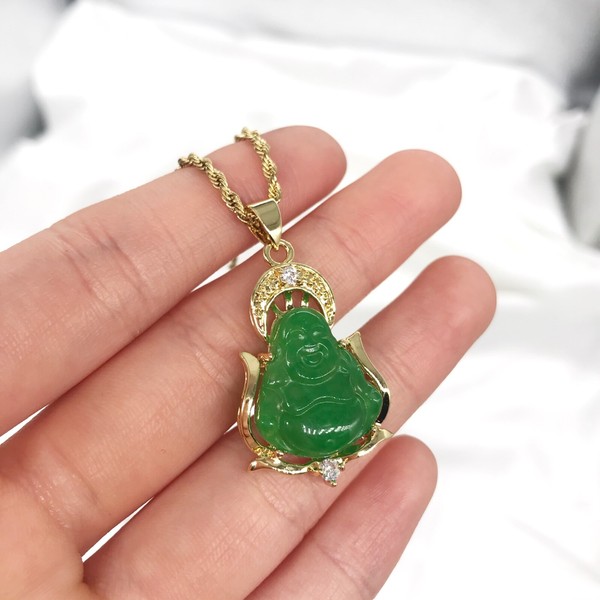 Alternate view of Good Fortune Wisdom Gold Plated Jade Laughing Buddha Pendant Necklace,