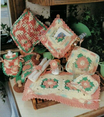 PEACHES & CREAM KITCHEN SET DISHCLOTH COASTER CROCHET PATTERN INSTRUCTIONS