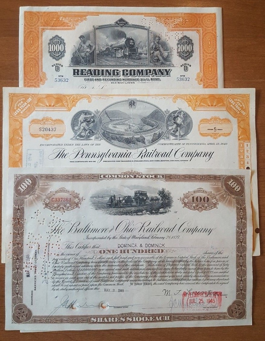 Monopoly Railroads Set 3 Stock certificates Reading Pennsylvania B&O Railroad