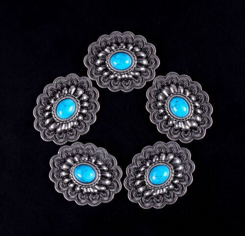 10 pièces 35*28 mm concos occidentaux antiques fleurs turquoise argentées pour le travail du cuir - Photo 1 sur 12