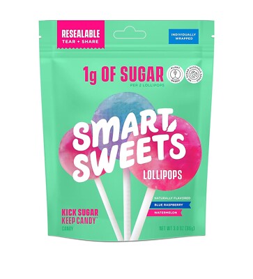SmartSweets Lollipops, 3oz, Blue Raspberry & Watermelon Flavors, Hard Candy with