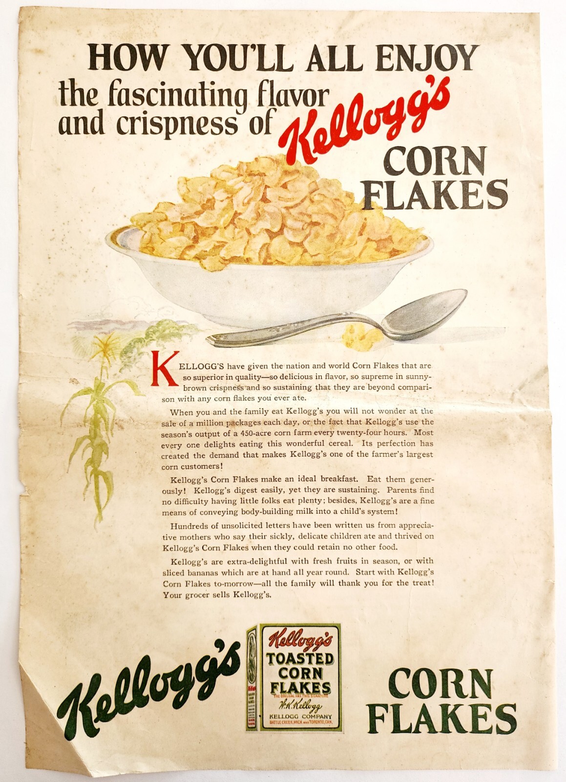 1920 Kelloggs Toasted Corn Flakes Breakfast Art Advertisement Cereal HM2C