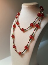 Vintage Long Red Glass Beaded Necklace w/ Gold Beads 1950s