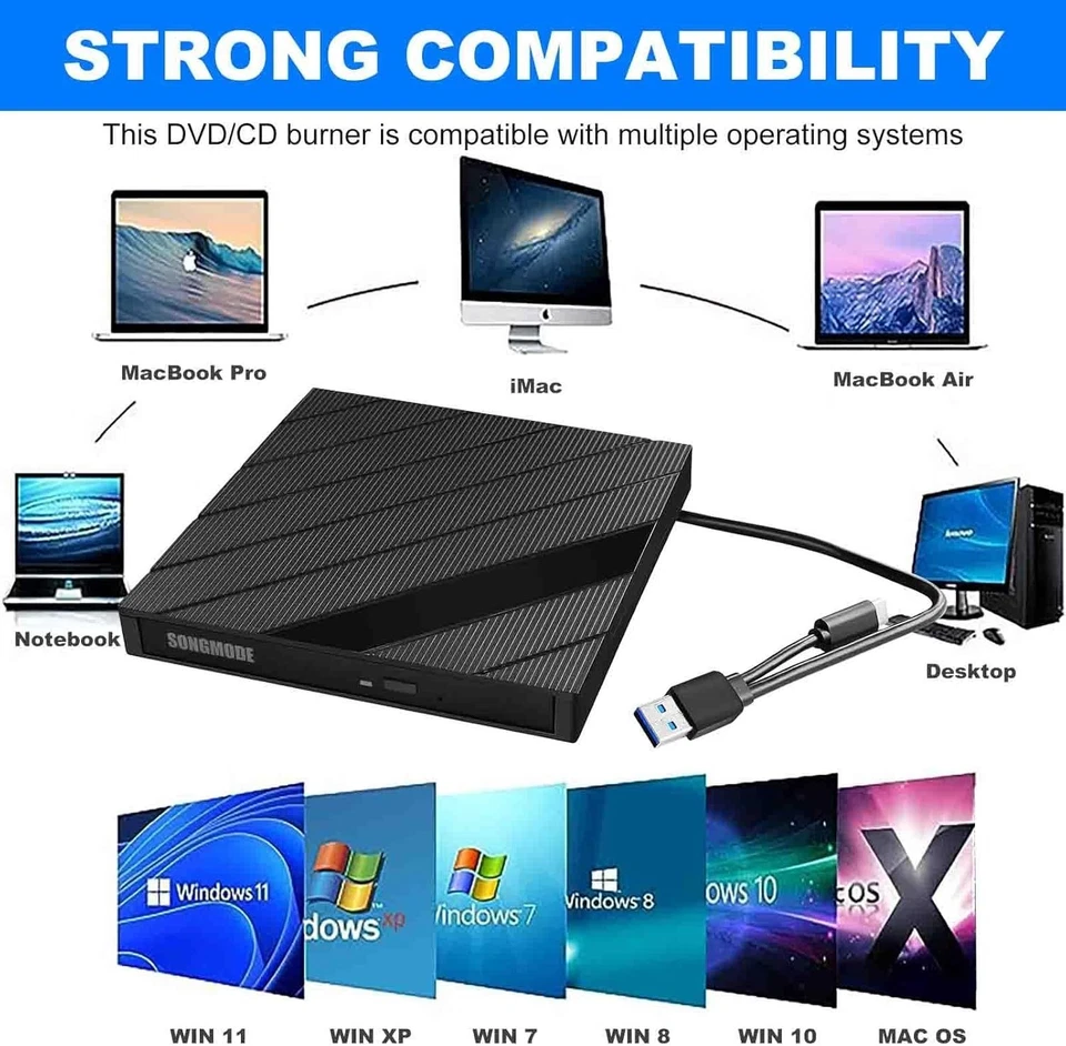 Lector de grabadora de unidad externa USB 3.0 y USB-C DVD CD RW para computadora portátil PC Mac Foto 4 de 4
