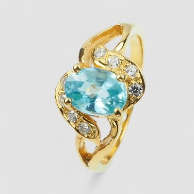 Gleaming Neon Blue Zircon 1.20Ct 24K Gold 925 Sterling Silver Rings Size 4.75