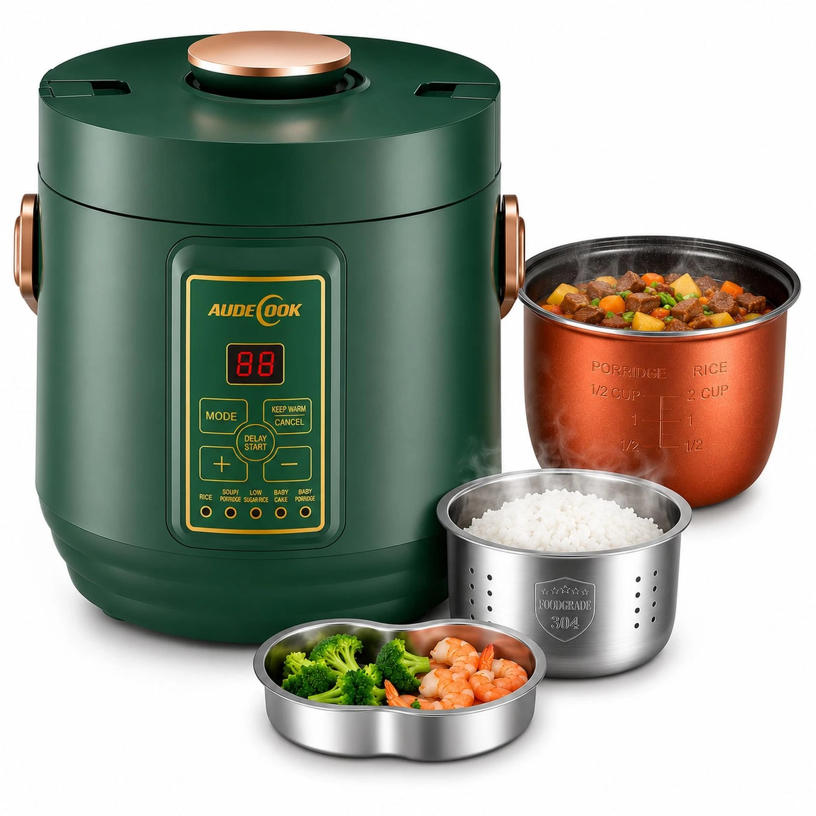 Audecook Low Carb Rice Cooker, 2Cup Uncooked 1.2L Mini Multicooker, 7in1 Port...
