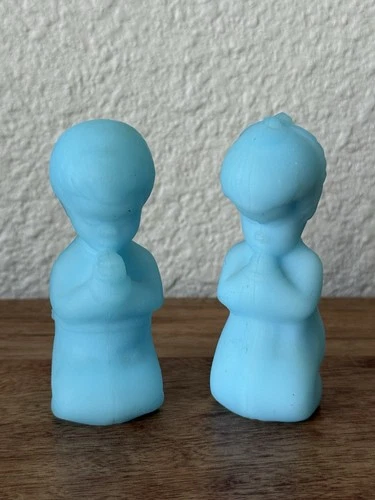 Vintage Fenton Blue Satin Glass Praying Children Figurines