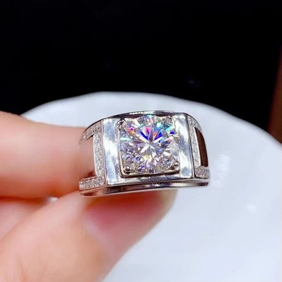 3CT Round Cut Moissanite Mens Halo Engagement Wedding Ring 14K White Gold Plated