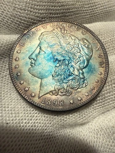 1898 P Morgan Dollar AU + Choice Mint State 90% Silver $1 W/ Blue Hue Toned