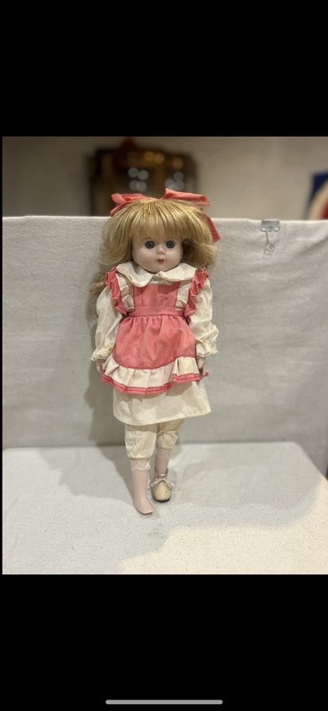 Vintage 16” Porcelain Doll With Blonde Hair Blue Eyes Pink Dress