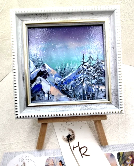 Pintura al óleo original paisaje de invierno pintura enmarcada pequeña 4x4 pulgadas mejor regalo Foto 3 de 4