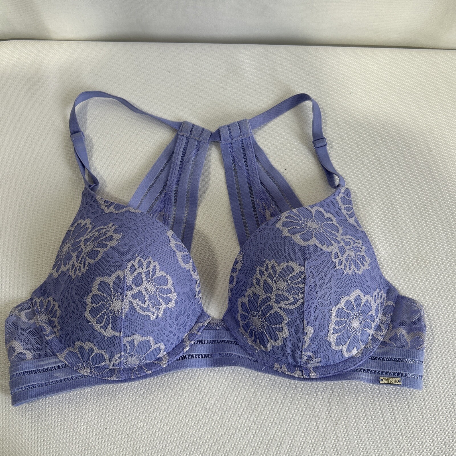 Victorias Secret Pink  Date Lace Racerback Padded Braletter Push Up Blue Sz 34C