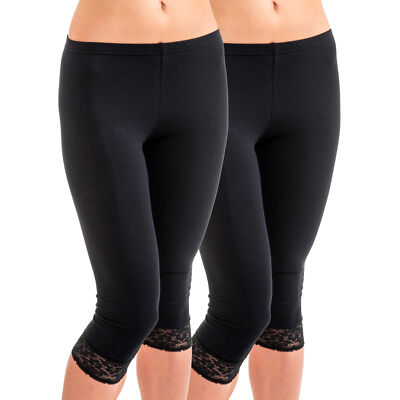 HERMKO Damen 2x Capri-Leggings Baumwolle/Elastan 3/4-Legins mit Spitze 5722