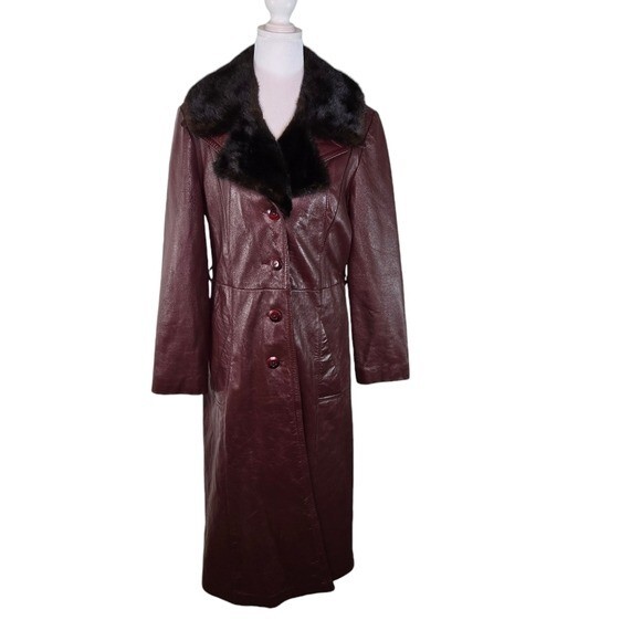 Vtg 70s oxblood leather real fur collar leather trench coat READ MEAS
