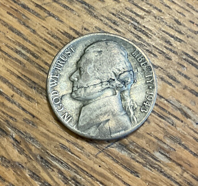 1943 P Jefferson War Nickel Silver ERROR Split Planchet