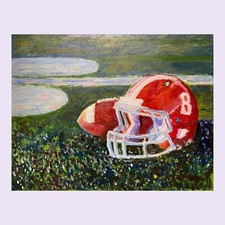 Captivating Oil Painting. Sports Game Arena Helm Football. Original. Signed Art