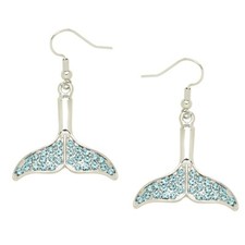 Whale Tail Earrings Tale Mermaid Sea Life Ocean SILVER AQUA Crystal
