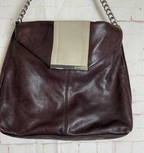 B. Makowsky Burgundy Tan Snap Closure Chain Handle Purse - Picture 2 of 5