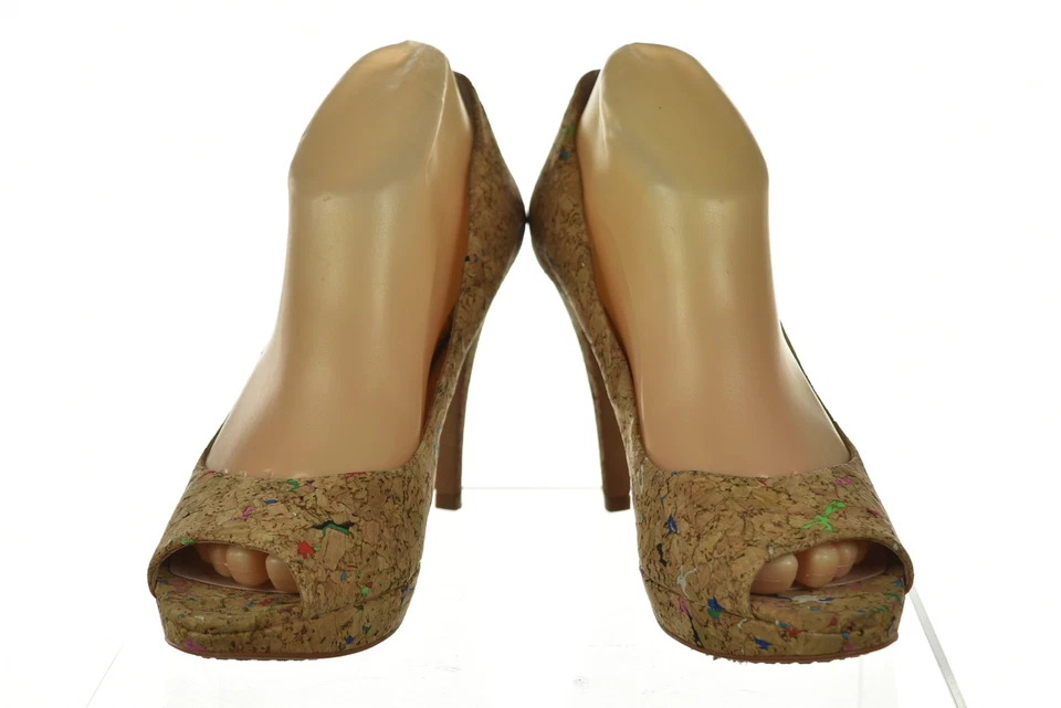 Vince Camuto Ashlynn Womens Shoes Size 8.5 38.5 Beige Multi Peep Toe Pumps Cork - Imagem 3 de 4