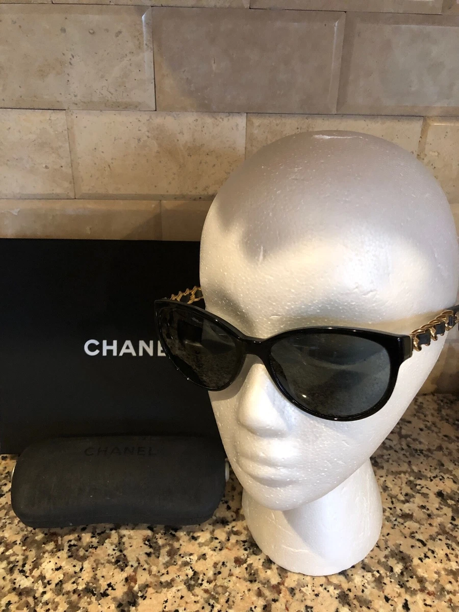 Chanel CLASSIC Black CAT- EYE Sunglasses GOLD CHAIN Leather GOLD CC logo Box