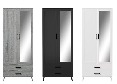 Kleiderschrank 2-türig mit 2 Schubladen & Spiegelschrank Kleideraufbewahrung Hängelösung