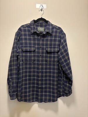 Mens LL Bean Checkered 2 Pockets Flannel Shirt Large Blue EUC