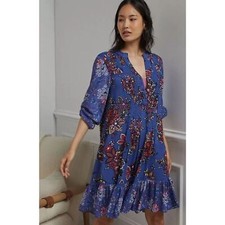 ANTHROPOLOGIE Blue Purple Floral Pleated Boho Puff Sleeve Shift Mini Dress Small