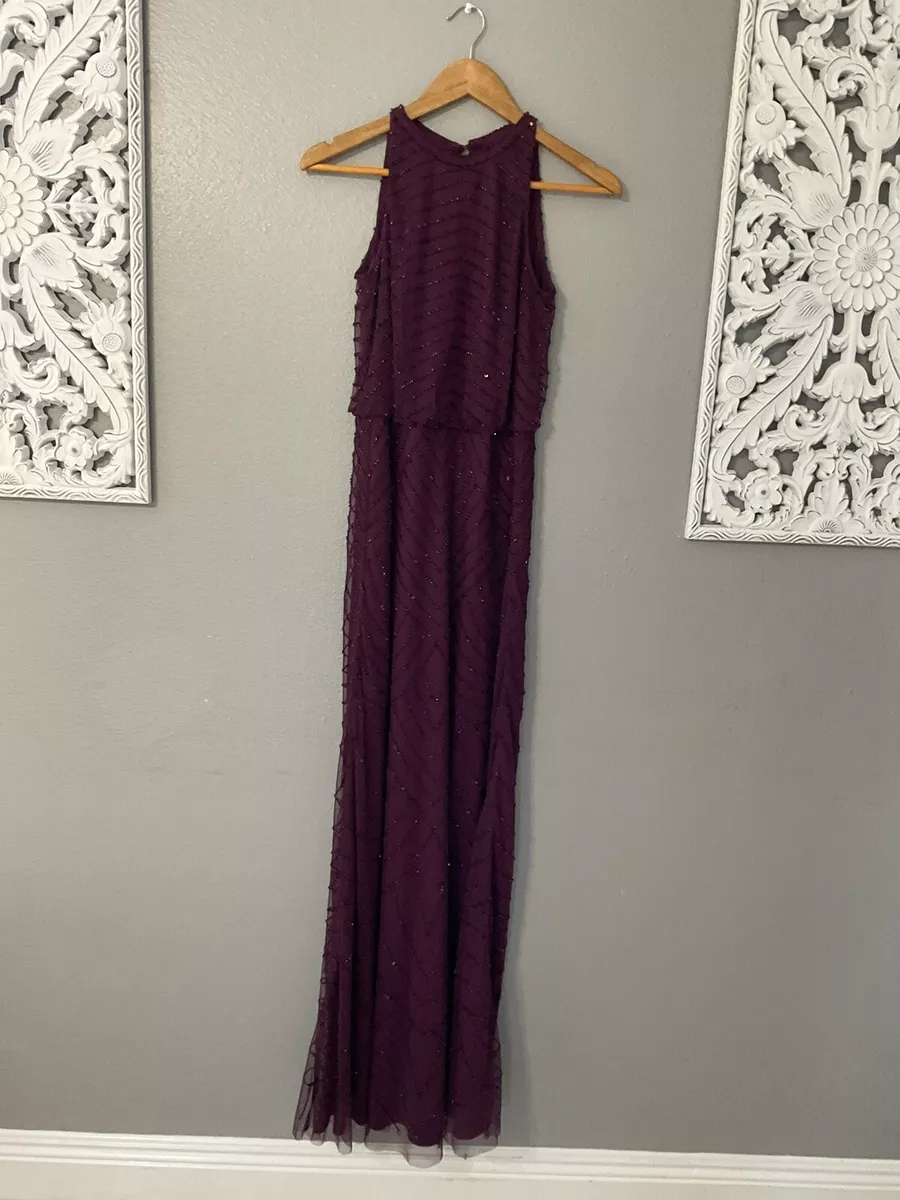 Adrianna Papell Art Deco Beaded Blouson Dress With Halter Neckline size 0 D106