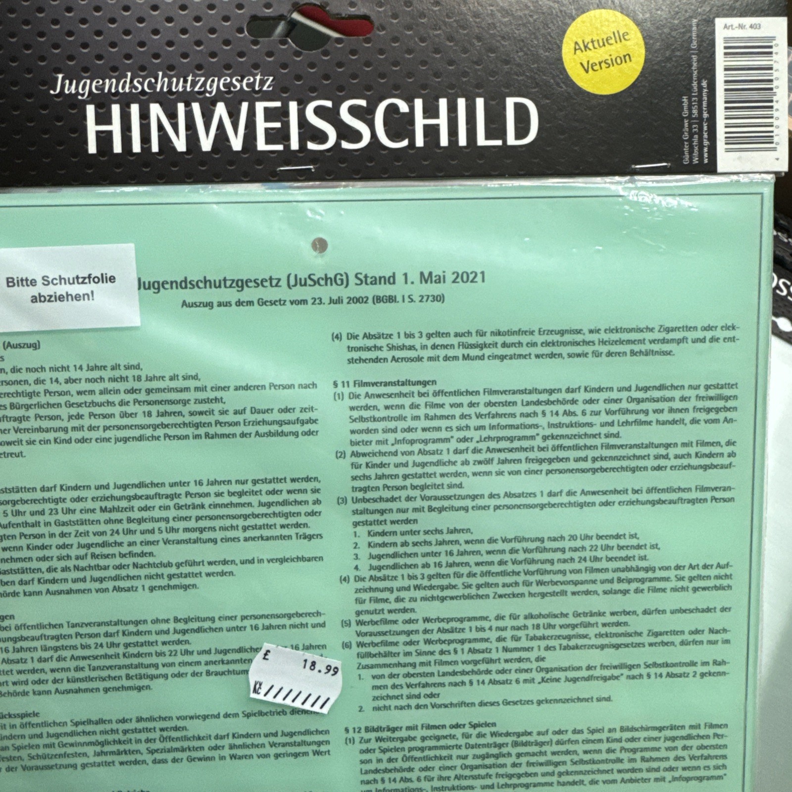 Gastroschild mit akt. Auszug aus dem" Jugendschutzgesetz " Hinweisschild stabil