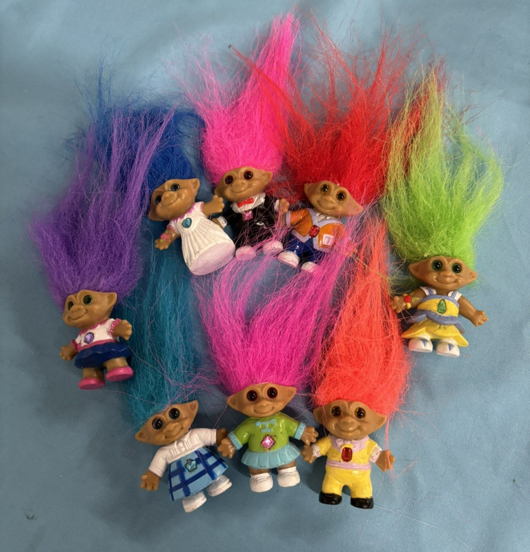 Vintage 1990's  Ace Novelty Mini Treasure Troll Dolls Lot Of 8 w/ Belly Gems