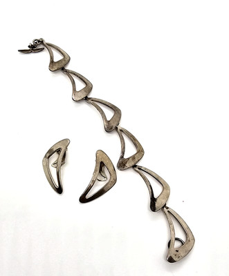 Denmark Sterling Silver NE From Bracelet & Clip On Earrings Matching Set Signed