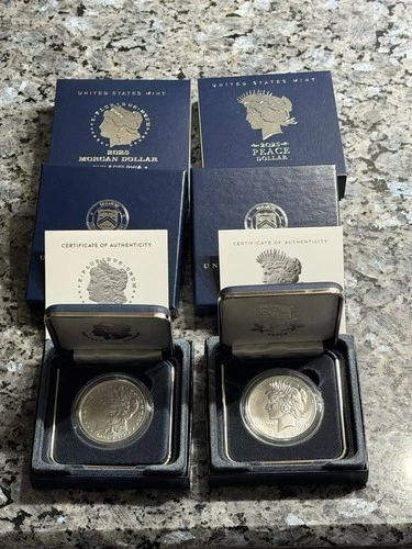 2025-P Uncirculated Morgan & Peace silver dollars w/Box, OGP & COA  Great Coins!