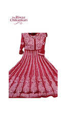 Red Lucknowi Chikankari Anarkali Kurta  Handmade Heavy Embroidered Long Dress